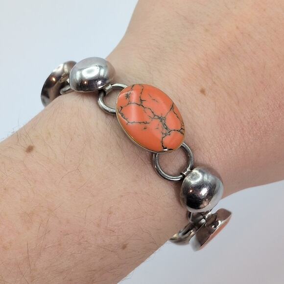Mexico Jewelry - Sterling Silver 925 Mexico Orange and Black Oval Gemstone Toggle Bracelet 39.6g